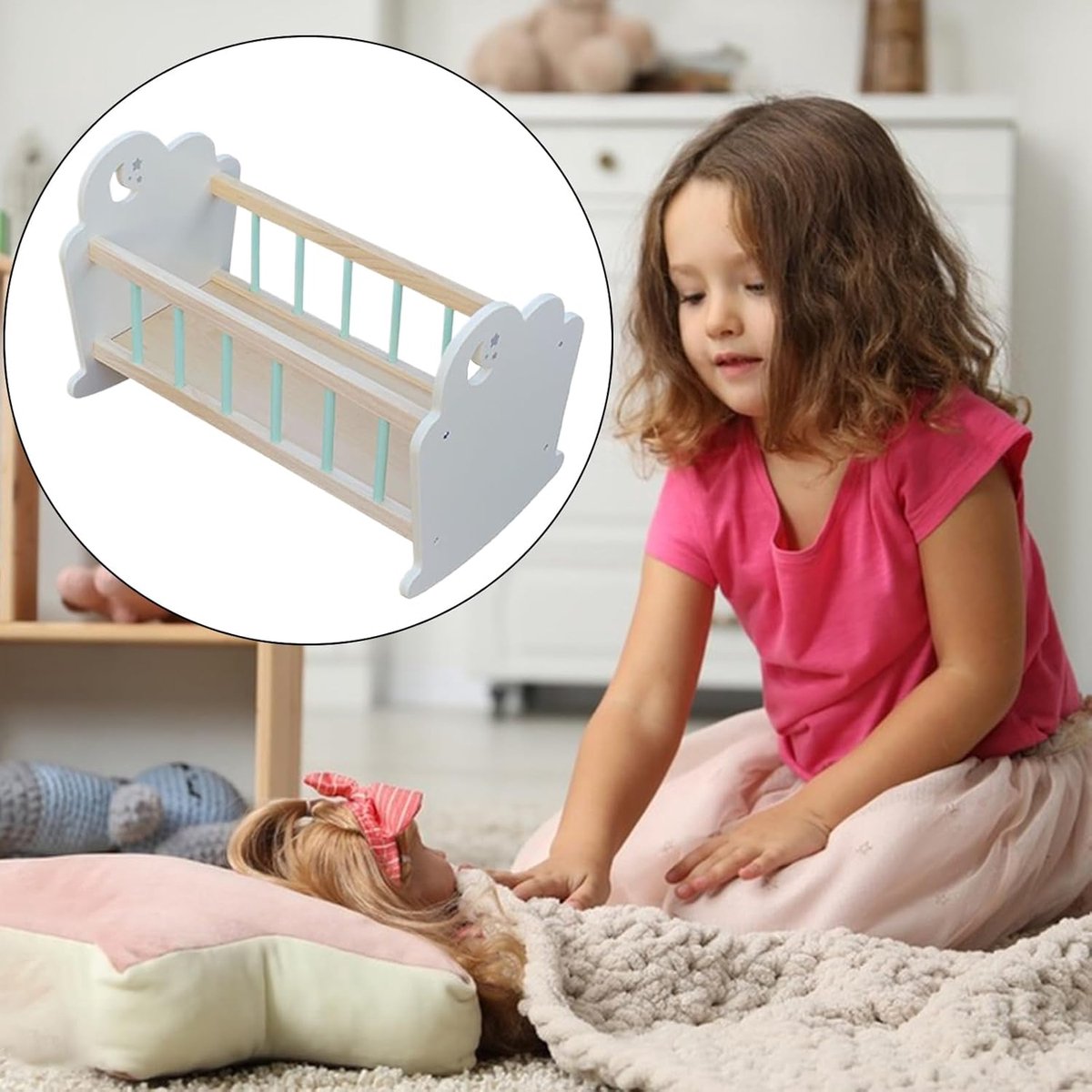 Poppen Wiegje - Miniatuur Slaapbed - Poppenhuis Spelen - Handmatig Gepolijst - 55 x 38 x 8 cm - Houtkleur
