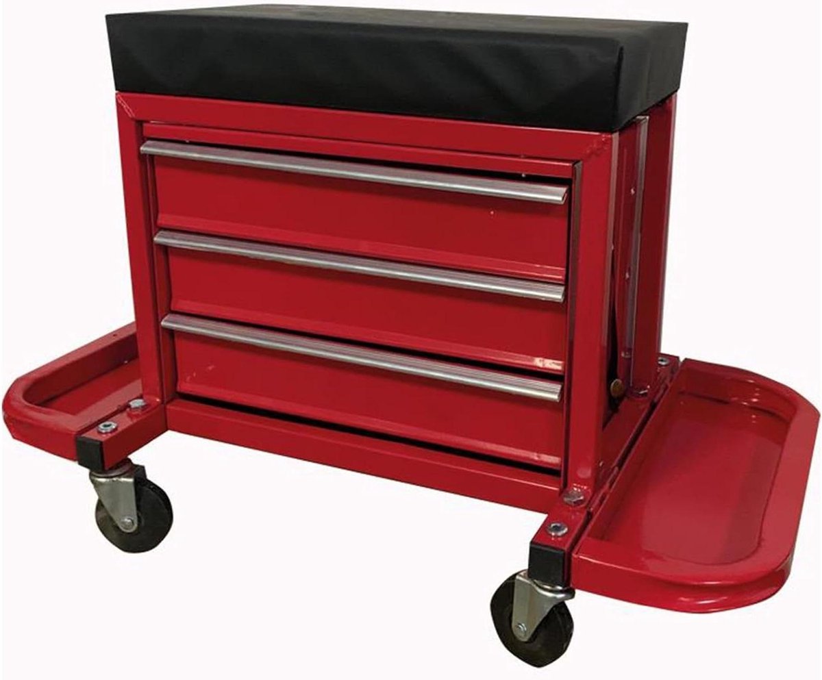 Mechanic Stool, Workshop Chair, 3 Drawer Cabinet, Roller Stool with Tool Drawers, 150 kg Load Capacity, Red, Garage Chair with Wheelchairs