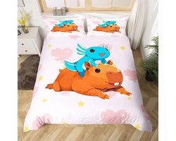 Homewish Kids Brown Capybara Single Duvet Cover Set for Boys Girls - Cartoon Blue Axolotl Teen Bedding Cute Room Decor - Kawaii Animal Print Duvet Cover Pink Reversible Bed Set