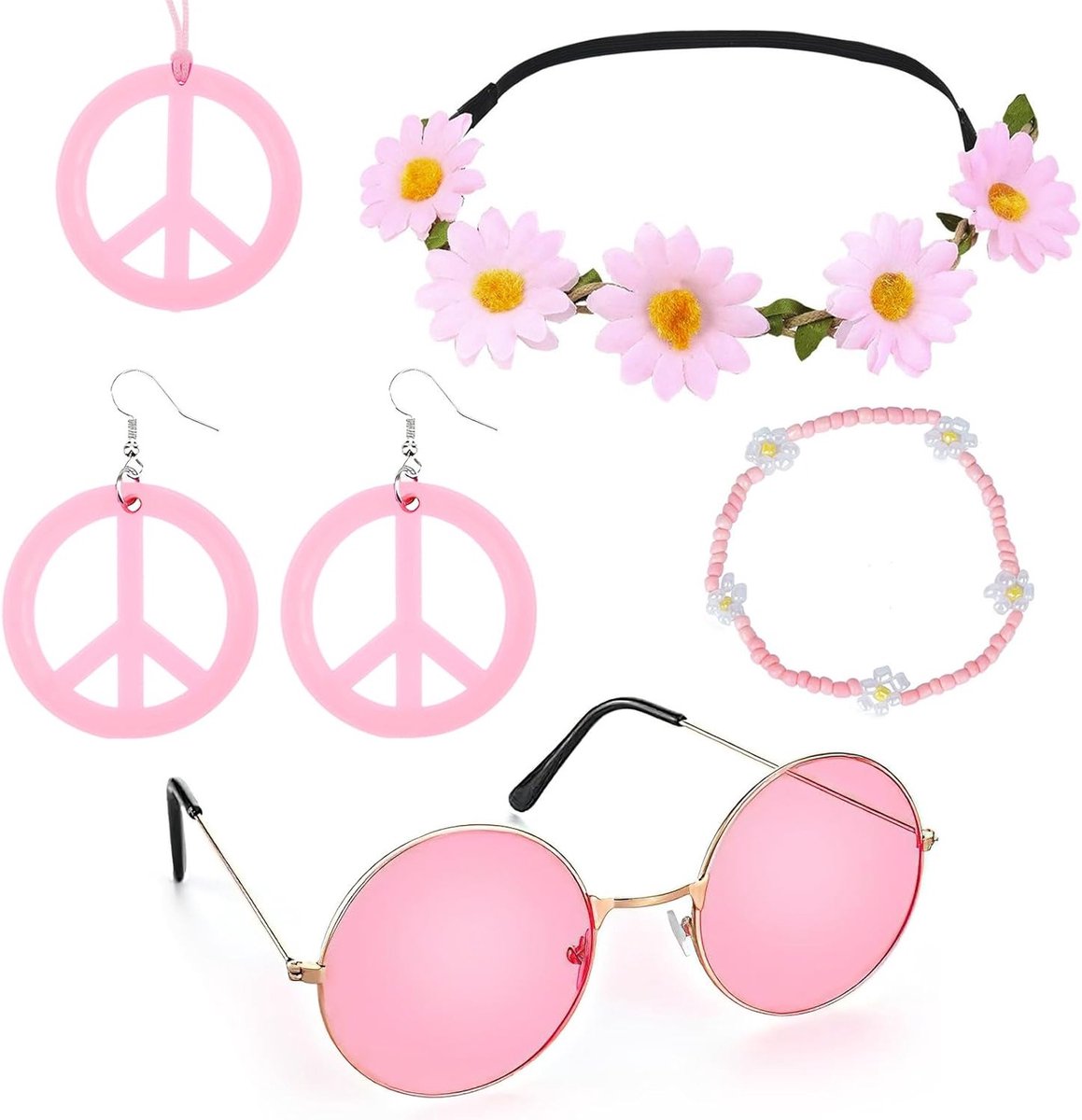 Hippie Accessory Set met 5 Stukken, Vintage Zonnebril, Vredesteken Ketting en Zonnebloem Oorbellen voor Feestelijke Kostuums en Retro Look