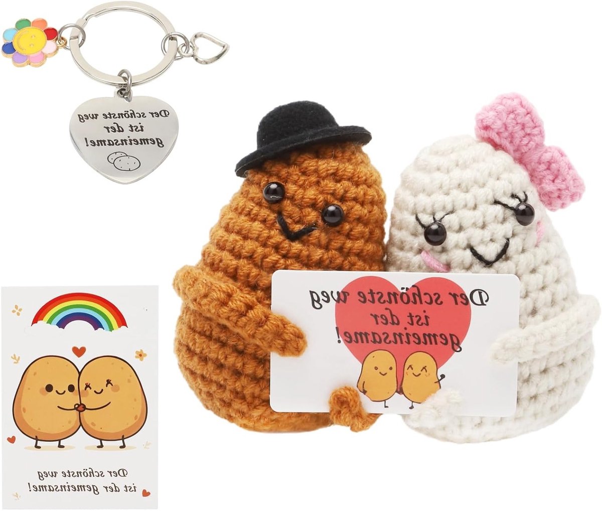 Positieve cadeaus voor een aardappelpoter, creatieve handgemaakte gebreide wollen aardappel pop met kaart en sleutelhanger voor vrouwen koppels echtge