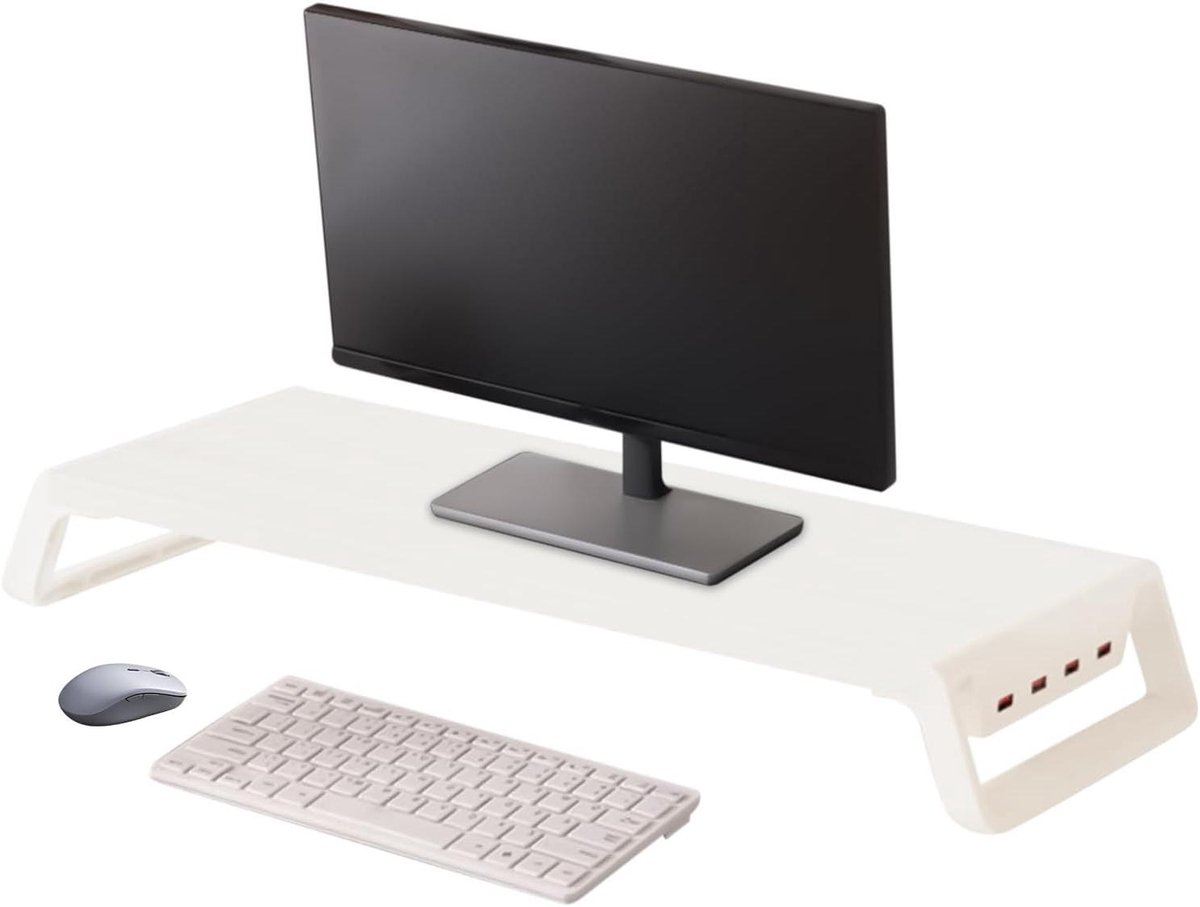 Monitor Verhoger - Bureau Organizer - Werkplek Organiseren - Met 4 USB Poorten - 50x20x7.5cm - Wit