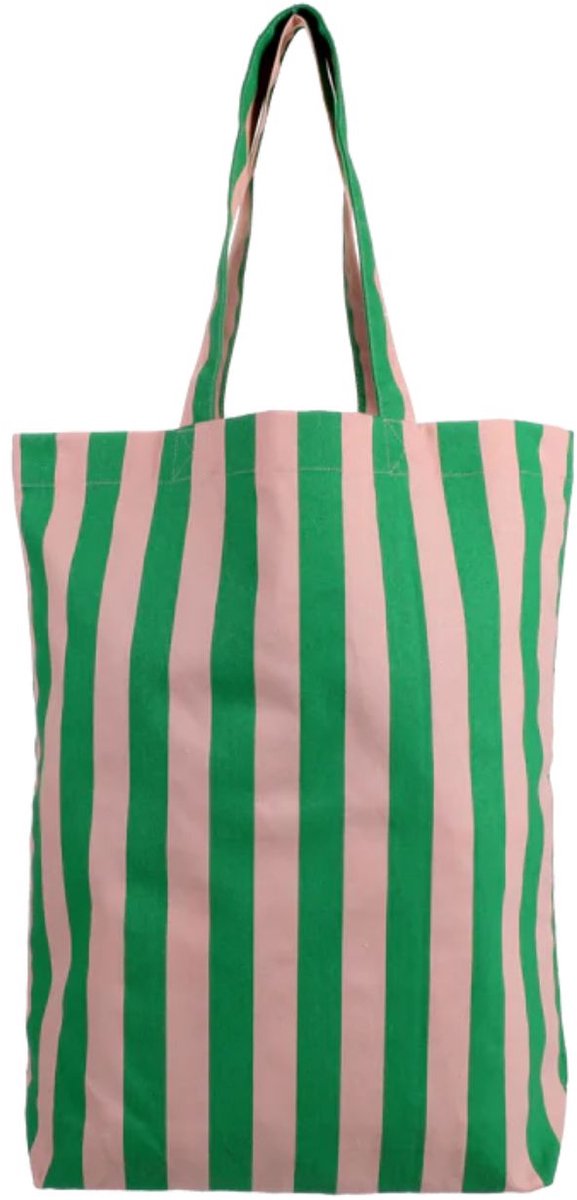 Katoenen schoudertas / shopper groen met lichtroze gestreept