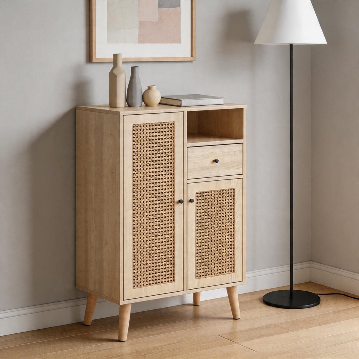 Komhtom - Dressoir in houtlook met rotan deuren - 60×40×101 cm - Hoekkast en commode met 1 lade - Grote opbergruimte