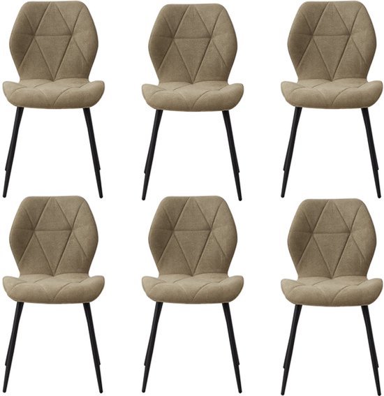 Six chaises de salle à manger avec assise et dossier rembourrés beiges. Pieds noirs en métal.