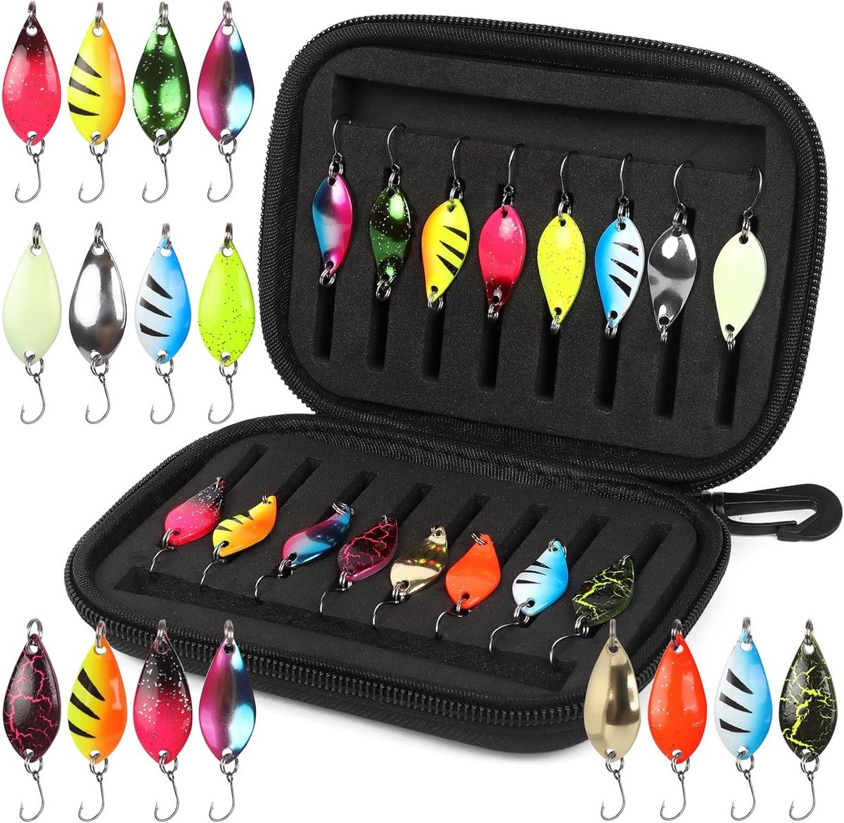Complete 16-delige Spinner Bait Set met Vibrerende Indicatorlichten voor Forel, Baars en Snoek, Inclusief Waterdichte Aasdoos en Diverse Gewichten