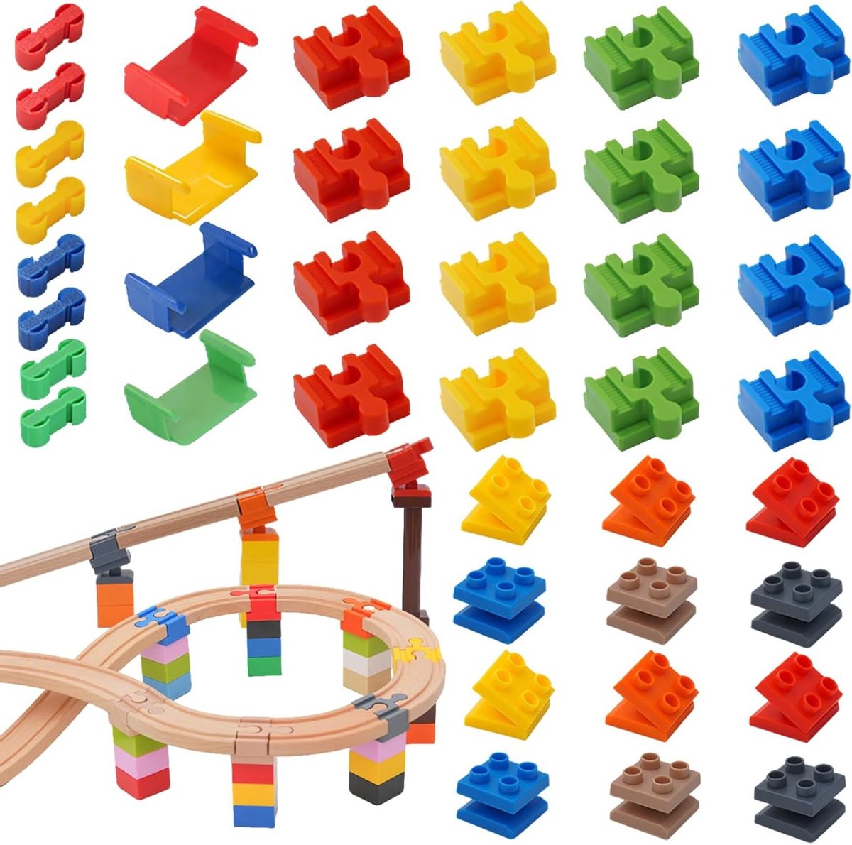 Set van 38 Houten Rail Adapters, Accessoires voor Plastic Railverbindingen, Treinuitbreiding voor Houten Spoorweg, Geschikt voor Kinderen vanaf 3 Jaar