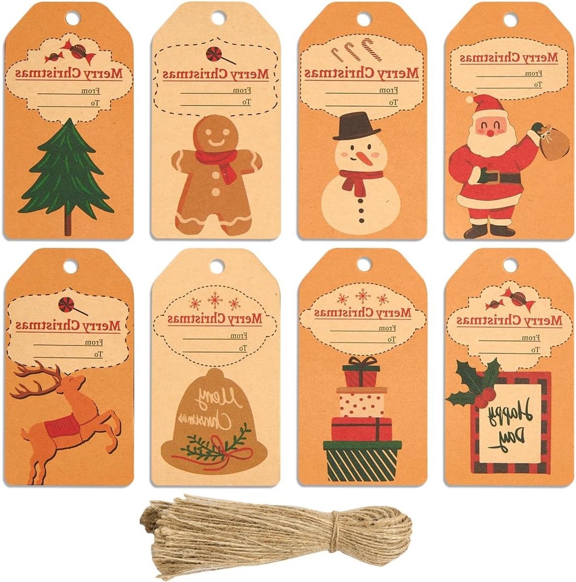 80 Stuks Kerst Kraft Cadeautags met Touw, Assortiment van Kerstpatronen voor Cadeauverpakking en Feestdecoratie
