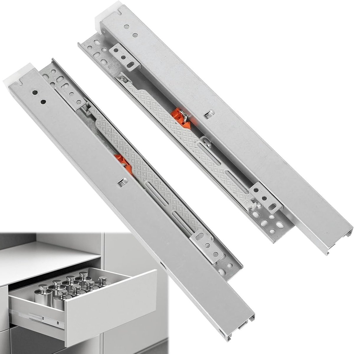 Geleiders voor lades, vloerbevestiging, 1 paar geleiders voor 300 mm lades, met automatische sluiting en demping, ideaal voor keuken en meubelontwerp