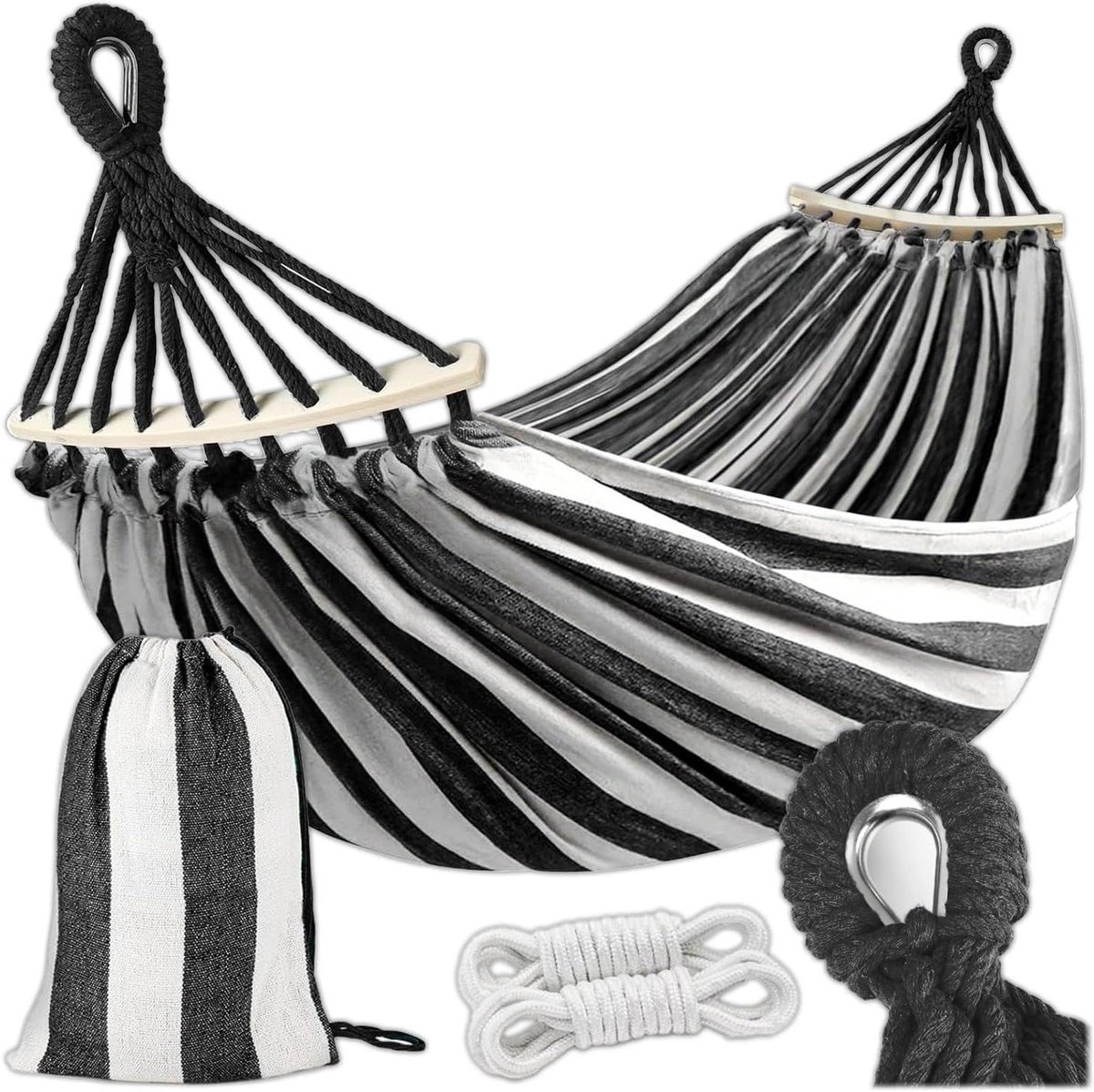Hangmat - Relaxstoel buiten - Ontspannen buiten - Weerbestendig katoen polyester - 260 cm lang - Zwart wit