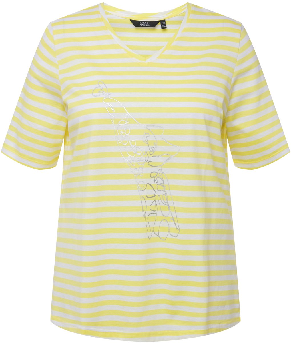 Ulla Popken - Dames - Shirt strepen metallic diermotief V-hals halve mouwen - Citroengeel - Maat 42+