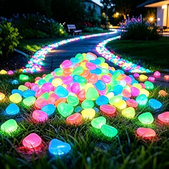 Een stapel gloeiende, veelkleurige stenen op het gras, met een verlicht tuinpad op de achtergrond.