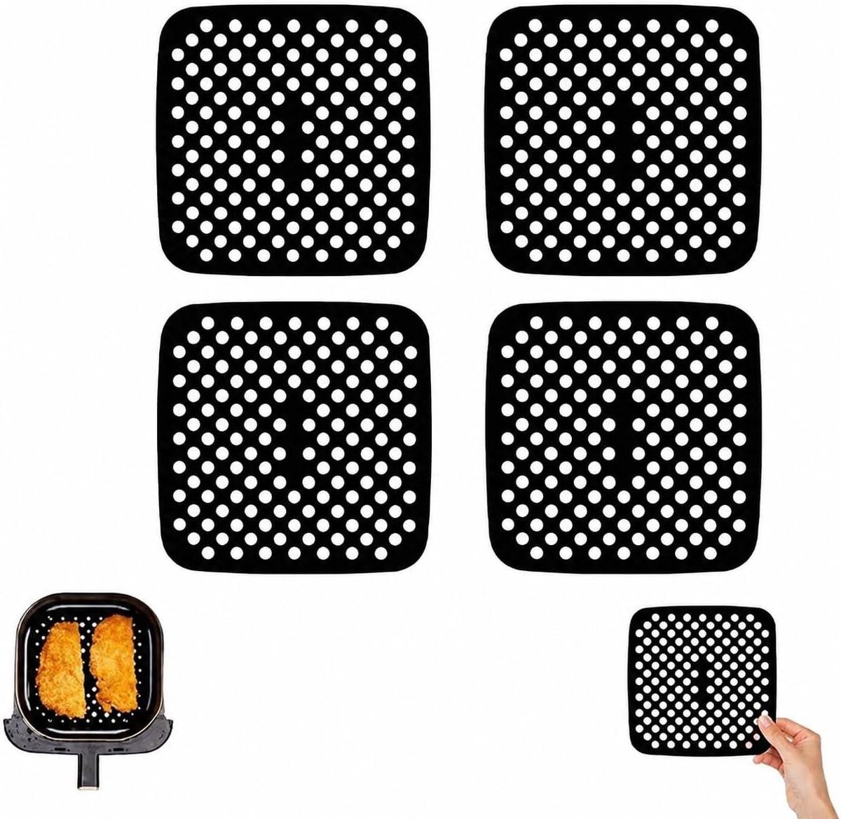 Luchtfriteuse Accessoires Mat - Airfryer Mat Siliconen - Gezond Koken - Herbruikbaar Anti-aanbak - 215x215 cm - Zwart