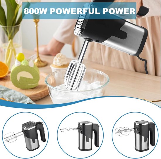 Handmixer, 800 W, 7 snelheden, elektrische handmixer, handmixer met 4 roestvrijstalen accessoires, roestvrijstalen kneedmachine, handmixer, handmixer, keukenmixer (zwart) — afbeelding 5