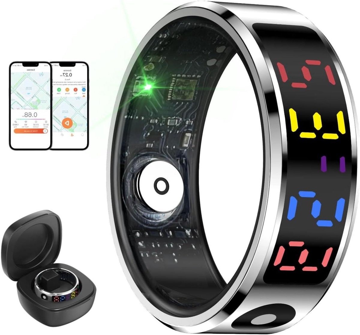 Slimme Ring - Gezondheidsring Fitnessring - Activiteiten Monitoren - Kleurenscherm Aanraakbediening - IP68 Waterdicht - Zwart