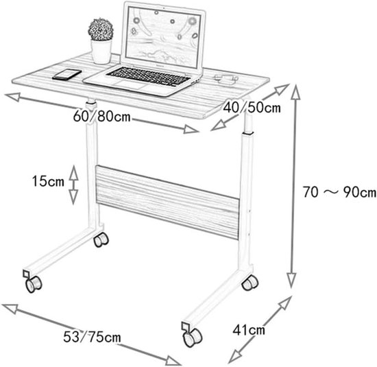 Laptoptafel met Wielen - Nachtkastje Tafel - Werken op Bank - In Hoogte Verstelbaar - 80x50cm - Houtkleur — afbeelding 4
