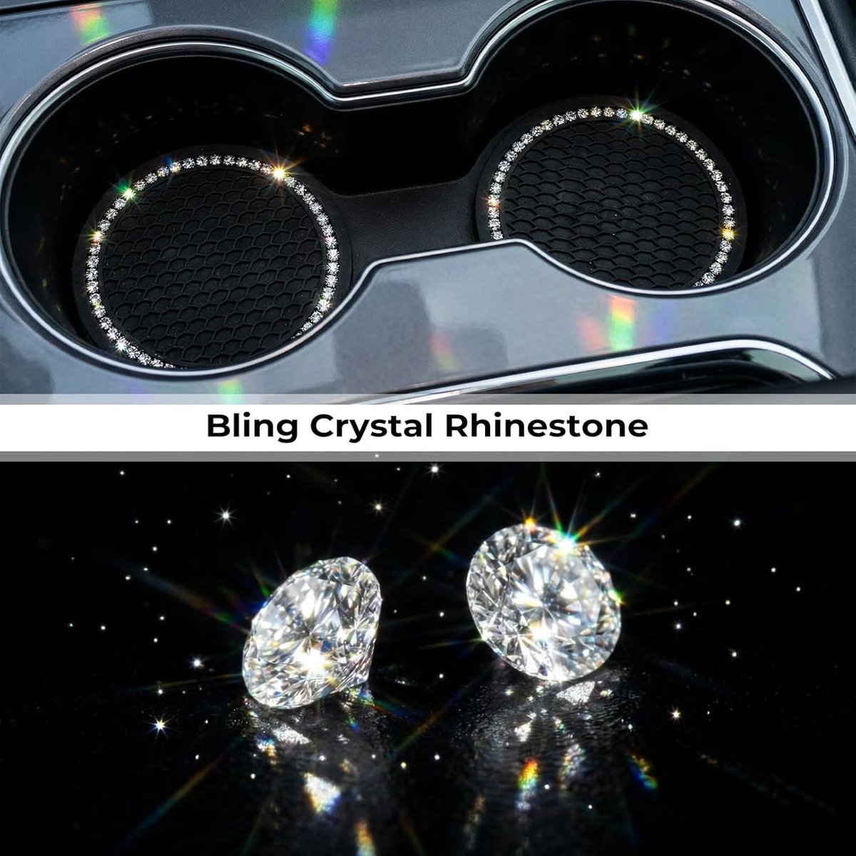 Bekerhouders Auto - Onderzetters Auto - Auto Interieur - Kristallen Strass Design - 7 cm - Zwart