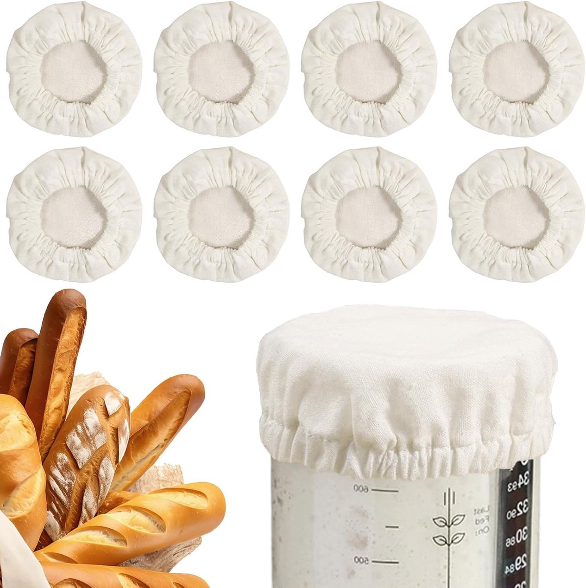 Herbruikbare katoenen deksels voor zuurdesem, kombucha en fermentatiepotten - Set van 8, elastische hoes voor potten van 8-10 cm, ideaal voor zuurdesemstarter en fermentatie.
