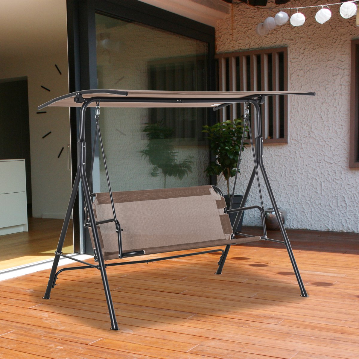 Wishdor 2-Zits Tuinschommelbank - Verstelbare Luifel En Stevig A-Frame - Elegant Ontwerp Voor Tuin Of Terras - Metaal - Bruin - 172 X 110 X 155 Cm