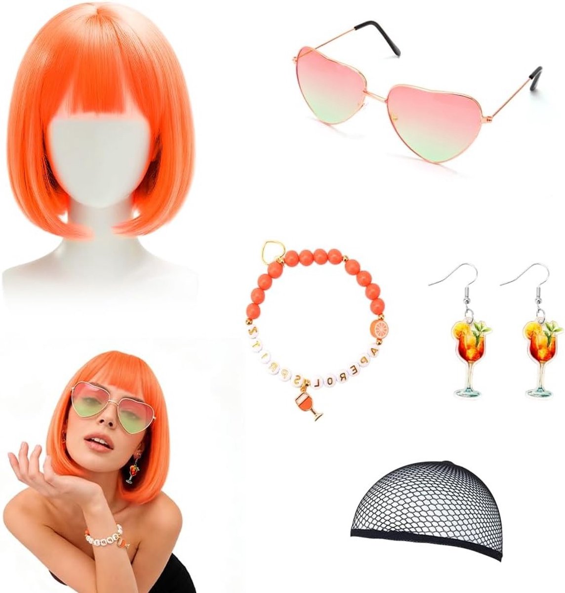 4-Delige Apero Spritz Dames Kostuumaccessoires Set met Pruik, Zonnebril, Oorbellen en Armband voor Verjaardag, Carnaval en Feestelijke Gelegenheden