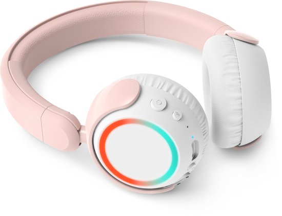 Roze en witte Philips koptelefoon met verlichte oorschelpen, met licht dat wisselt van oranje naar roze en groen.