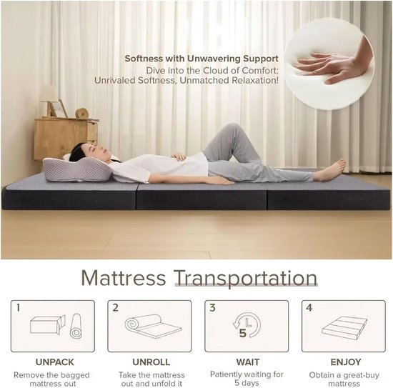 Vouwmatras Tweepersoons - Opvouwbaar Matras Gastenmatras - Comfortabel Slapen - Traagschuim Laag - 152 cm Dikte - Grijs — afbeelding 4