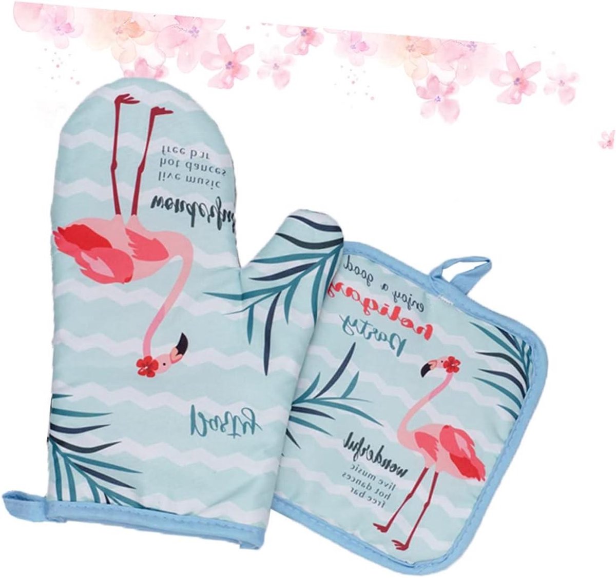 Ovenwanten Set - Kookhandschoenen Bakmat - Keuken Bescherming - Hittebestendig Dik - 27x16.5 cm - Flamingo Print