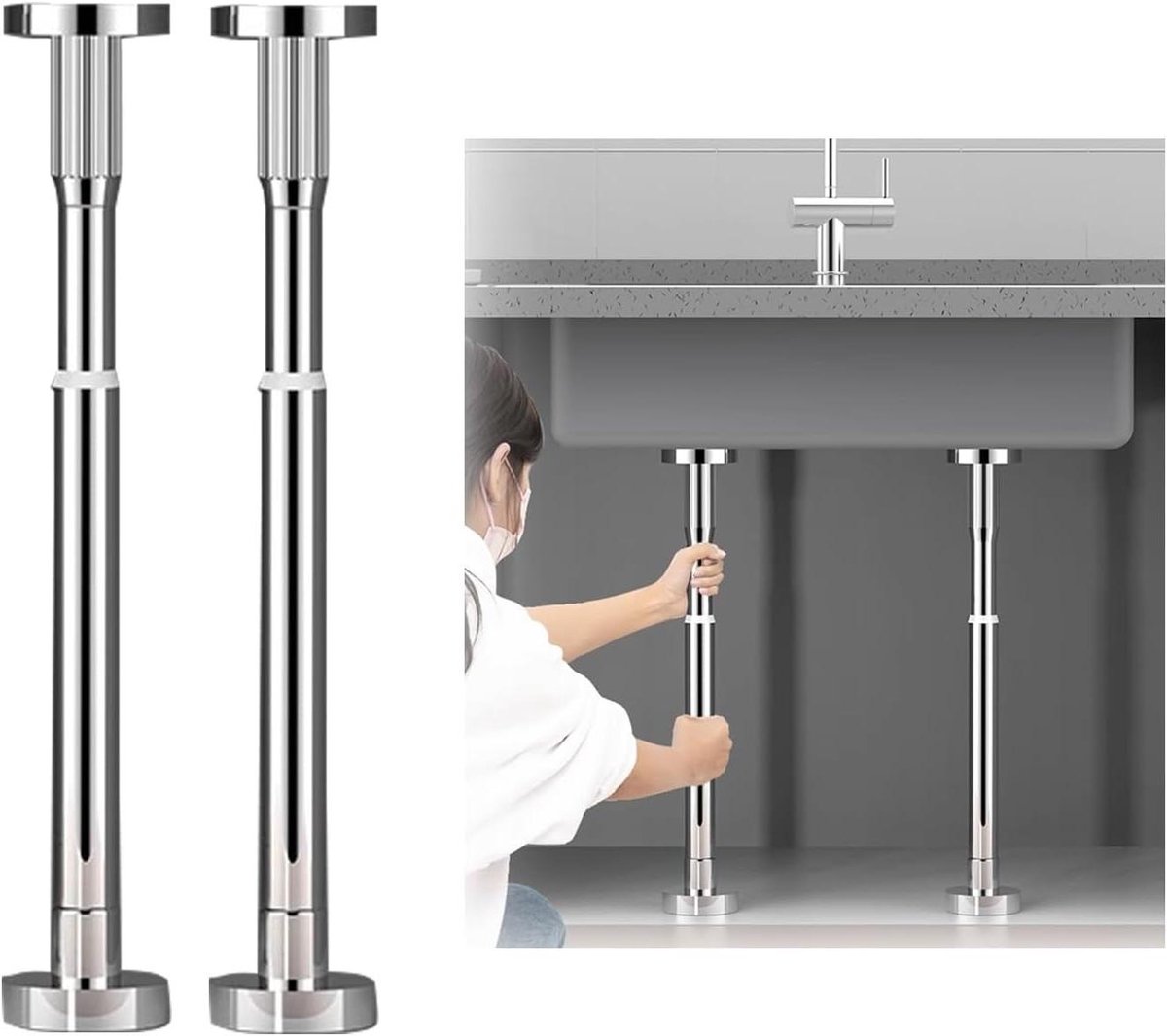 Wastafel Ondersteuning - Gootsteen steun - Keuken en Badkamer - Boorvrije Installatie - 35-120 cm - Zilver