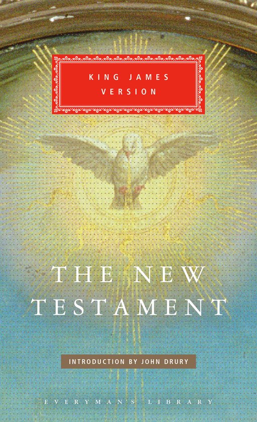 Couverture du Nouveau Testament, King James Version. Une colombe blanche aux ailes déployées sur un effet de rayons de soleil.