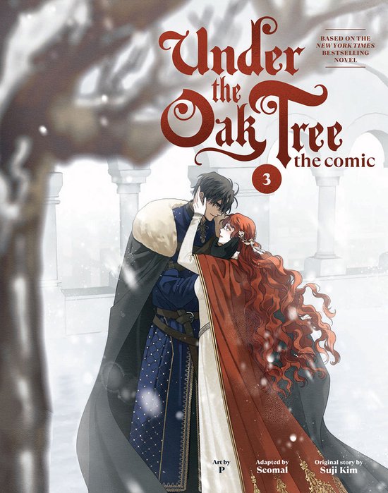 Omslag van 'Under the Oak Tree: the comic' deel 3. Een man en vrouw omhelzen elkaar in de sneeuw. Gedetailleerde kleding, rode haren.