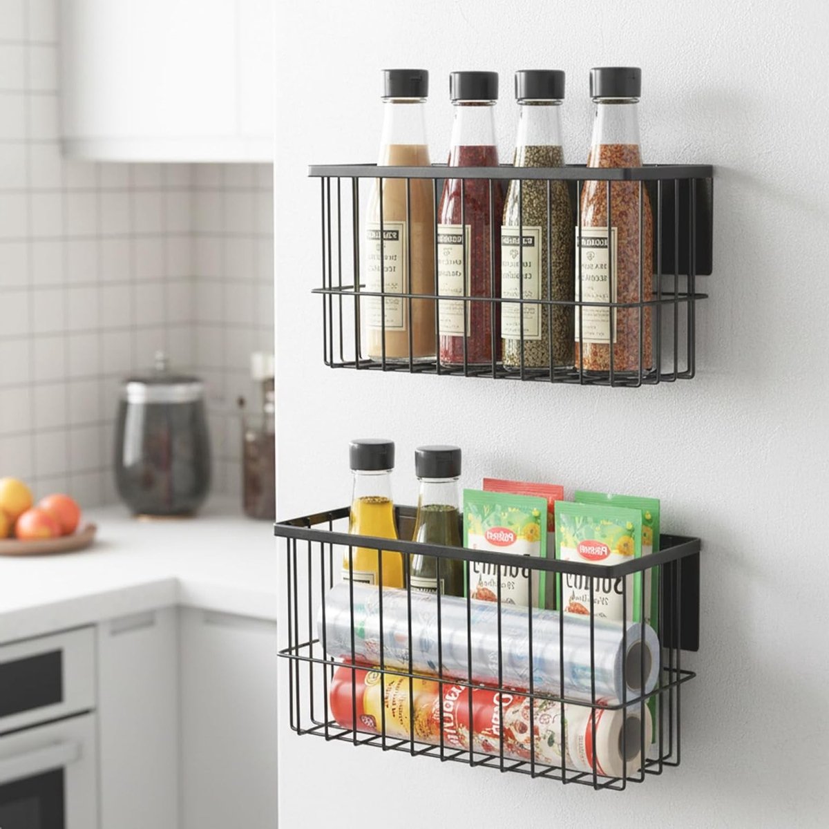 Set van 2 Magnetische Organizers voor de Koelkast, Sterke Kruidenset voor Magnetron en Wasmachine, Robuuste Metalen Opbergmanden voor Keuken en Wasruimte, Matte Zwart