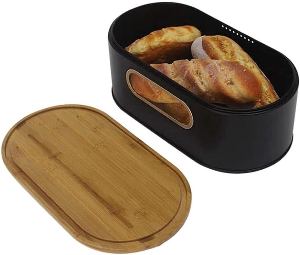 Broodtrommel - Broodhouder - Brood Vers Houden - Bamboe Deksel - 305x185x16CM - Metaal