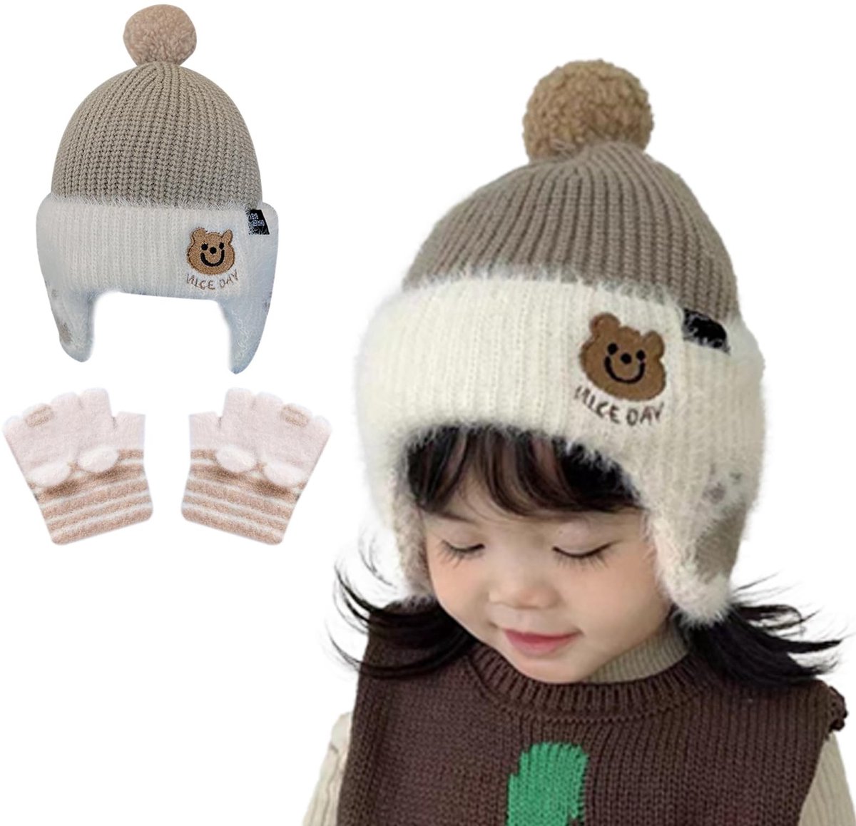 Dailygoods - Set van 2 Zachte Babymutsen met Berenmotief