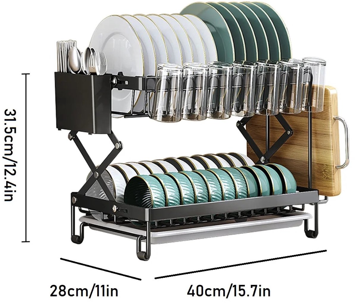 HomeGoodies - 2-laags schoteldroogrek - Afdruiprek - Huishoudelijke schotelopslaghouder - Keukenorganizer - Met bestekhouder - Zwart