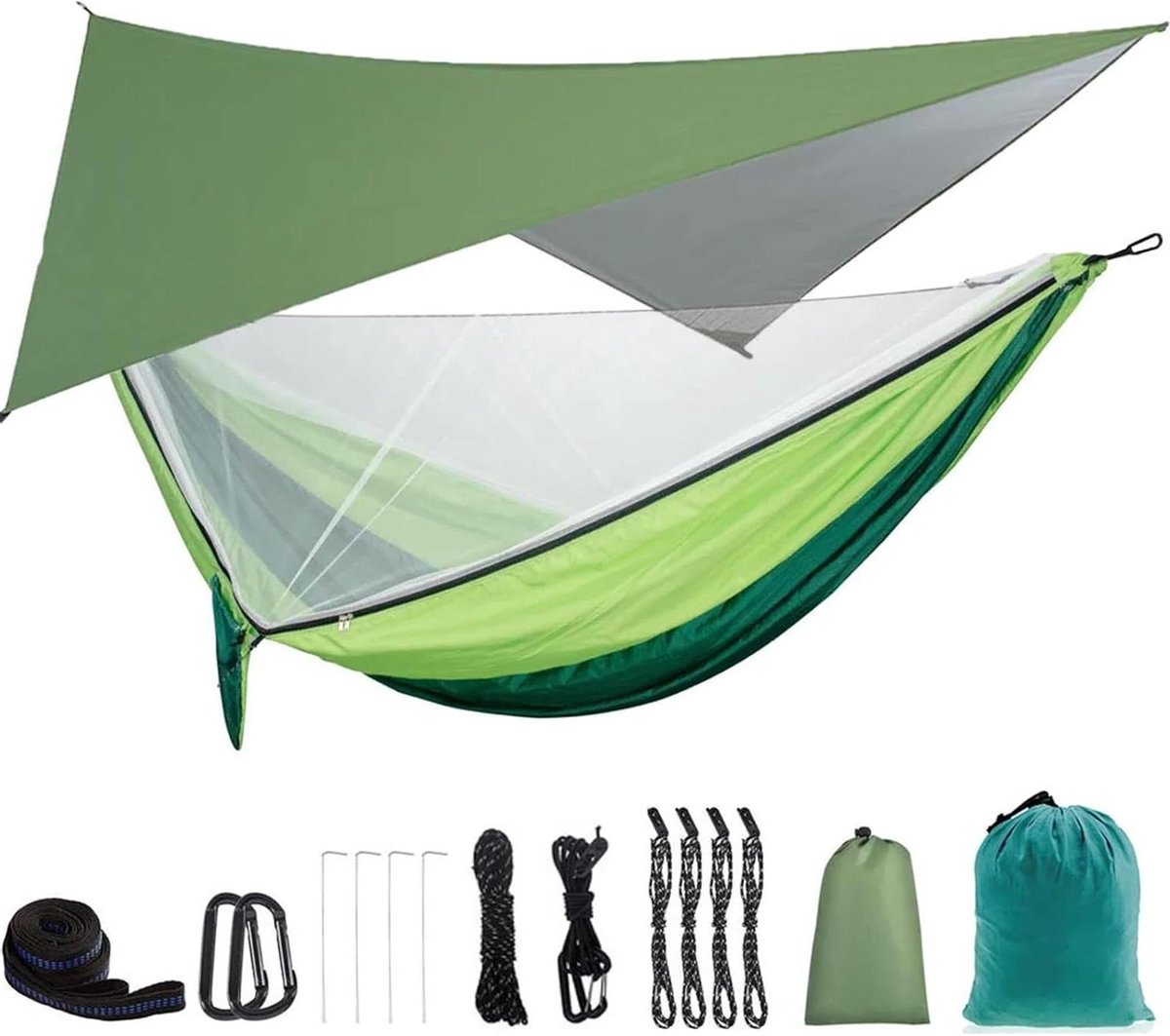 Campinghangmat - Reishangmat - Outdoor Ontspanning - Met Klamboe en Luifel - 290x140 cm - Donkergroen