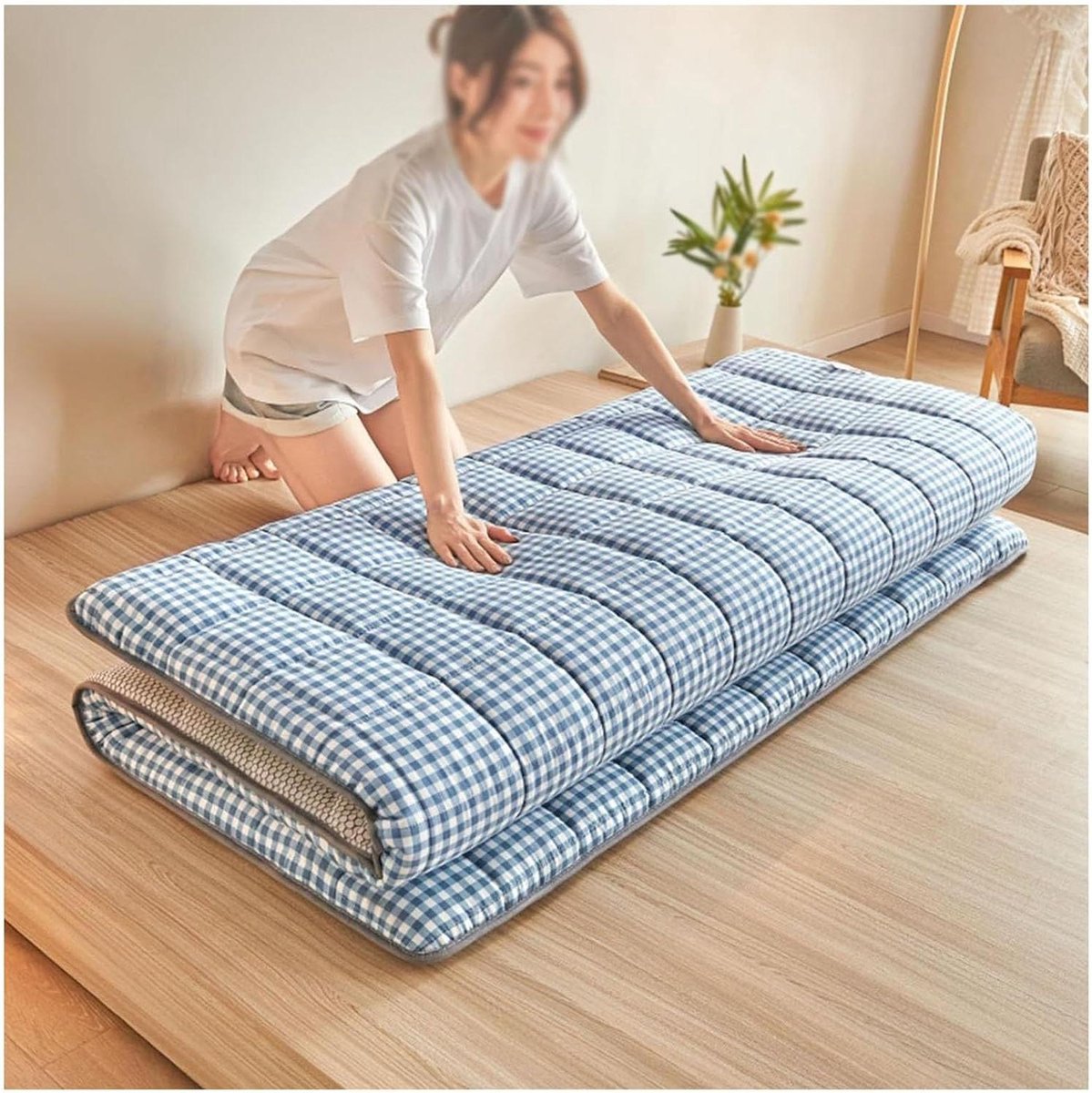 Opvouwbare Matras - Japanse Futon - Comfortabel Slapen - 5-Laags Constructie - 200x220cm - Blauw Geruit