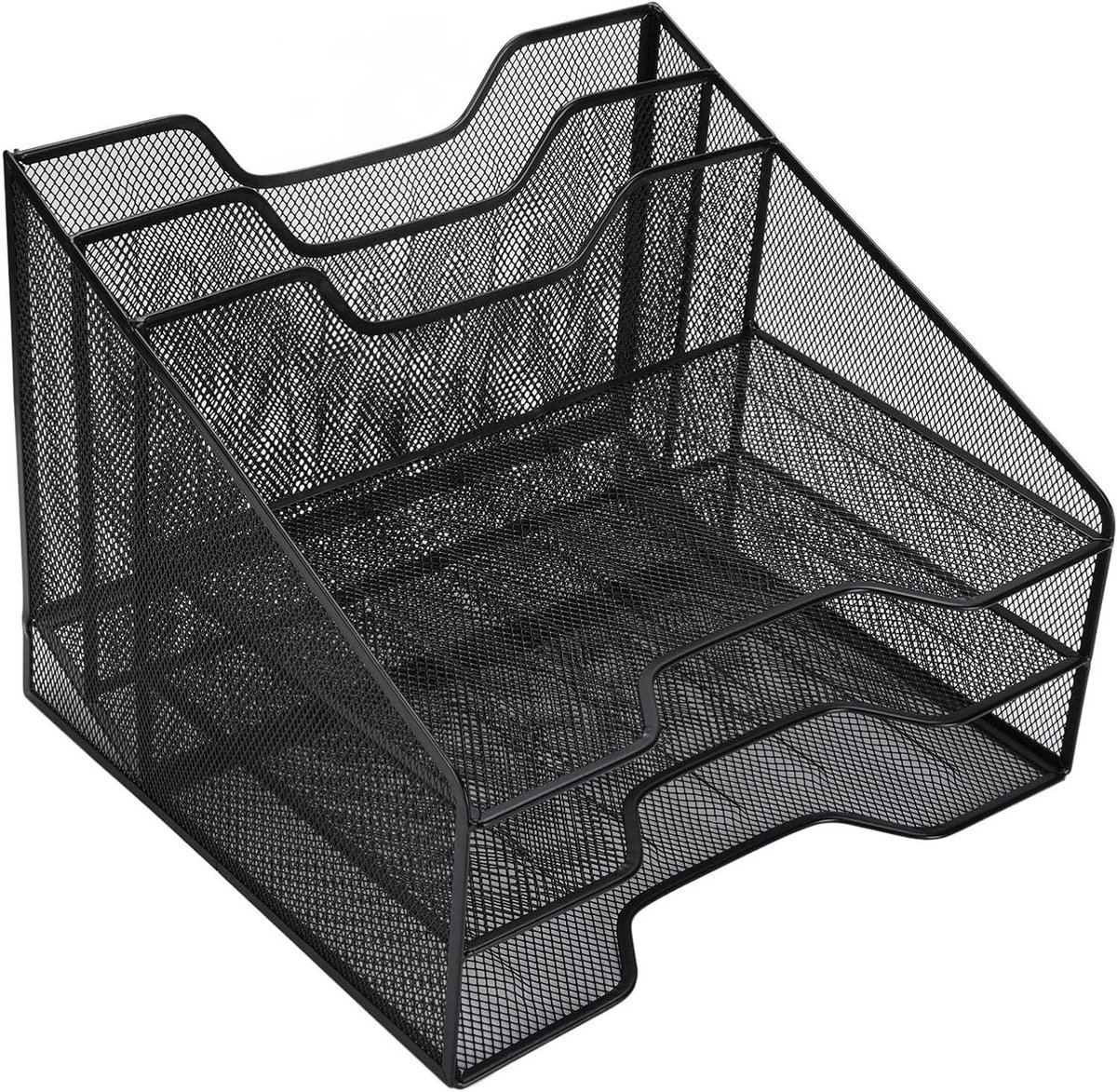 Papierlade 3 niveaus - Opbergorganisator bureau - Documenten sorteren - Metalen gaasontwerp - 33x32x27 cm - Zwart