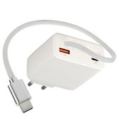 Witte GaN-oplader met 18W USB-A en 65W USB-C poort, met witte uittrekbare kabel.