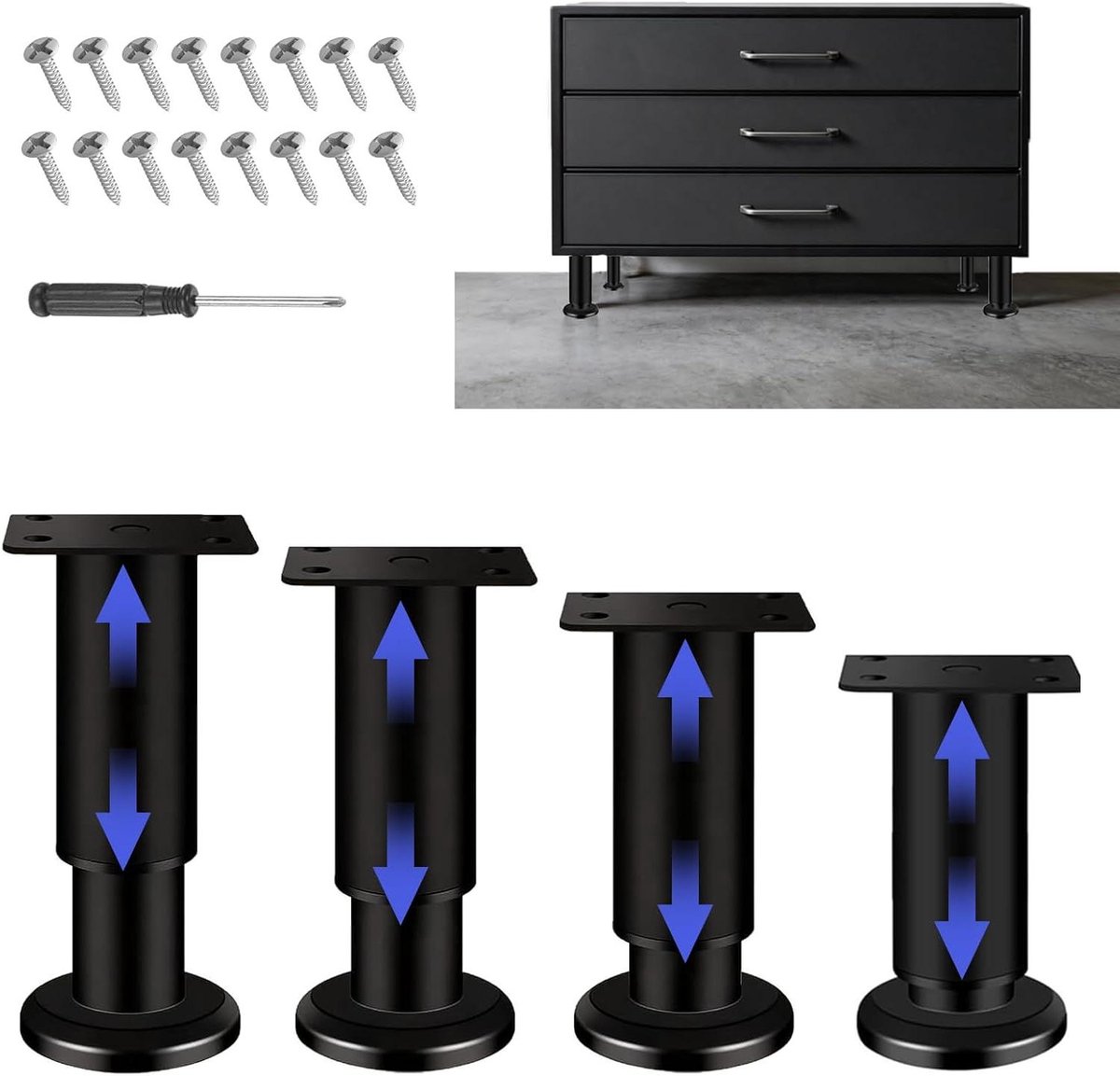 Meubelpoten Set - Steunpoten Kast - Meubels Verhogen - Traploos Verstelbaar - 25-40 cm - Zwart