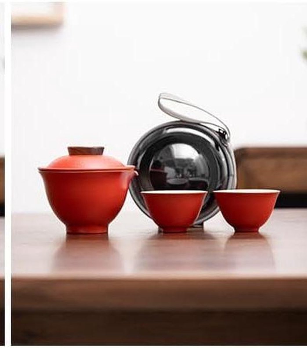 Theeservies Keramiek - Kung Fu Set - Thee Ceremonie - Twee Kopjes - 7.4 oz Pot - Groot Rood