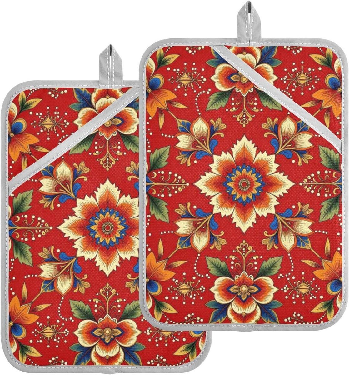 Pannenlappen Keuken - Hittebestendig - Veilig Koken - Stevige Grip - 2 stuks - Rood Bloemetje