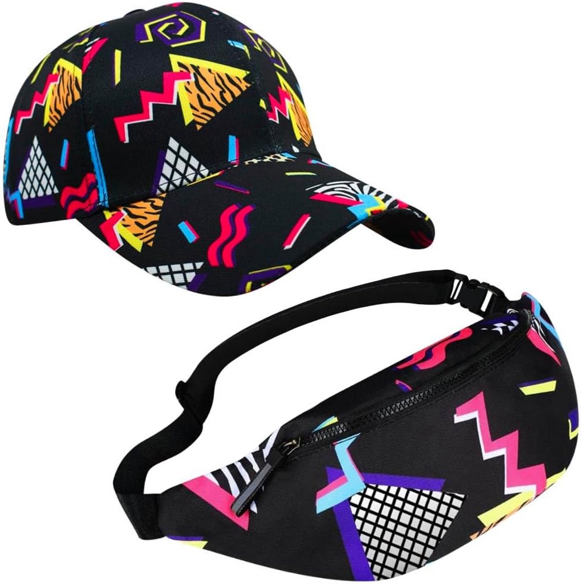 Retro Fanny Pack en Baseball Cap Set voor Feestjes en Rave, Neon Kostuums, Unisex, Zwart, One Size