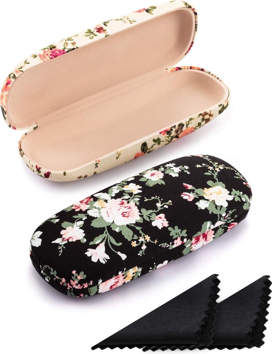Retro Harde Brilhoes voor Vrouwen - 2 Stuks Draagbare Bloemmotief Brilbescherming in Apricot en Zwart - Ideaal voor Reizen en Opbergen