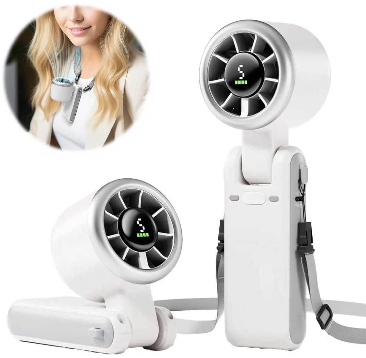 Draagbare Mini-turboventilator – 3-in-1 Opvouwbare Persoonlijke Verkoelingsventilator, Via USB Oplaadbare Reisventilator Voor Om De Nek, 5 Windstanden, 3600 MAh-batterij, 15.000 Tpm, Geschikt Voor Op Reis, Thuis En Op Kantoor(Wit)