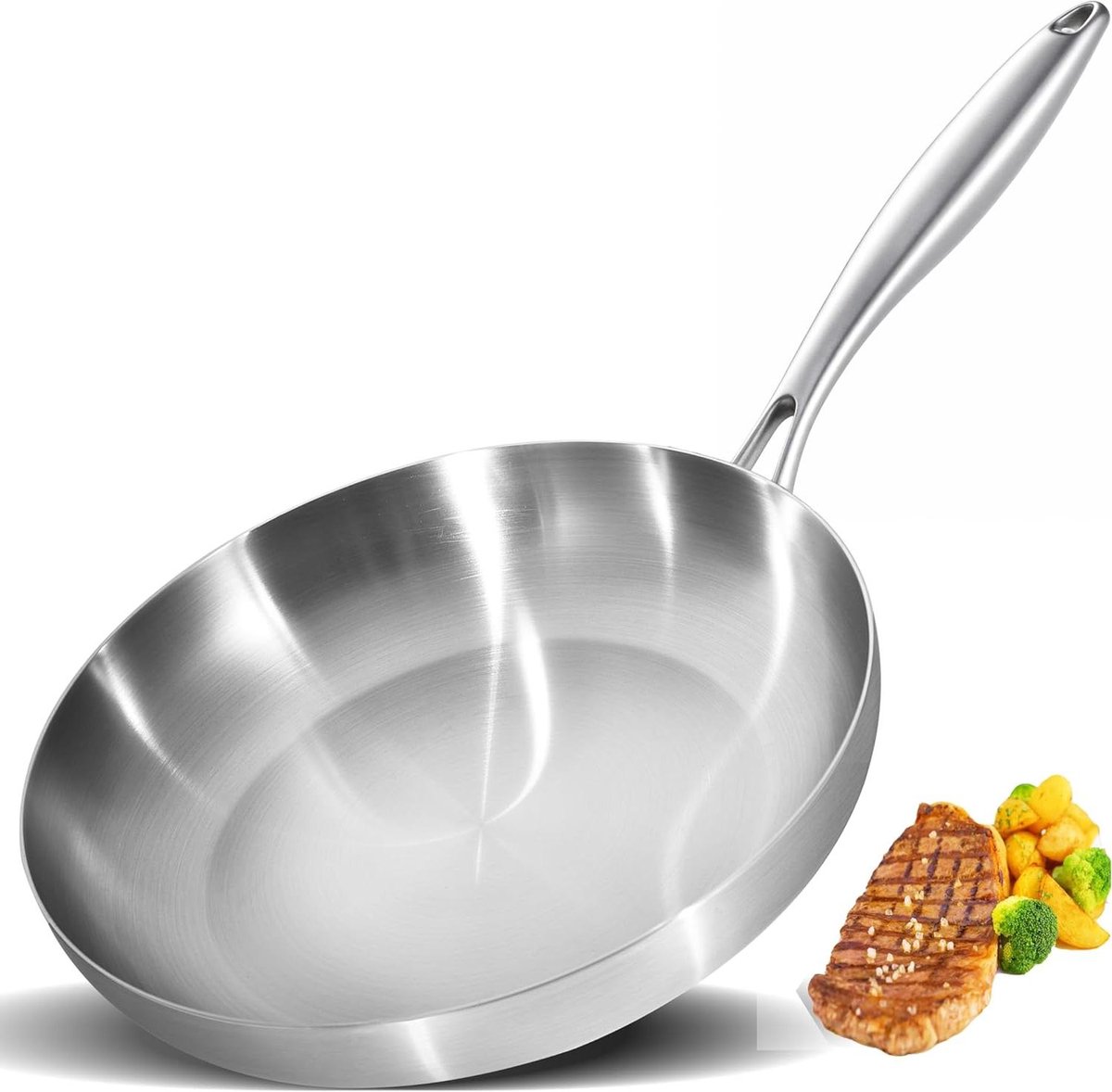 Roestvrijstalen pan - Koekenpan Inductie - Lekker Koken - Drielaagse Warmteverdeling - 305 cm - Verzilverd