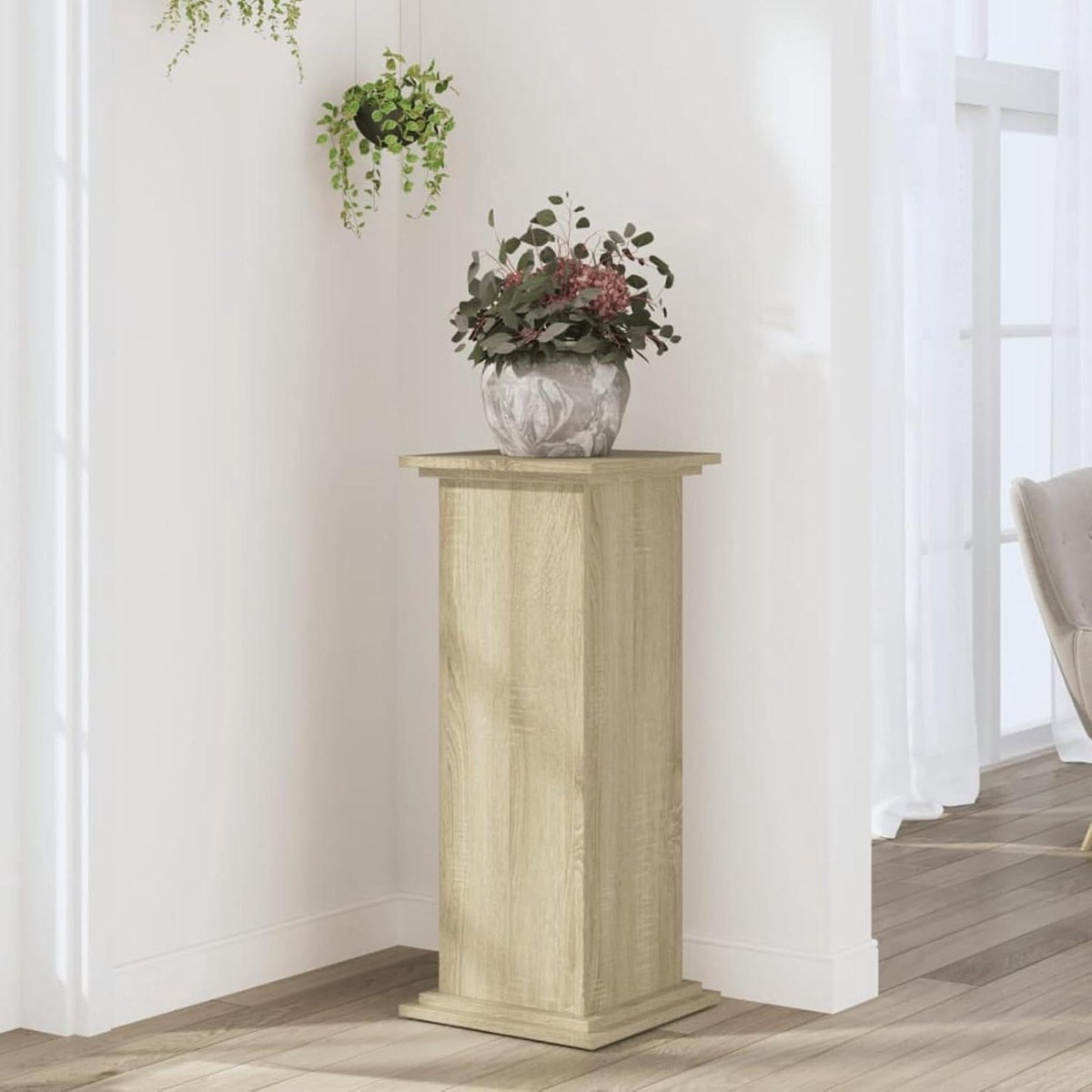 Plantenstandaard Hout - Bloemenhouder Decoratie - Decoratie Presenteren - Holle Constructie Stabiliteit - 33x33x80 cm - Sonoma Eiken