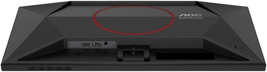Zwarte monitor achterkant met rode cirkel en AOC GAMING logo, met aansluitingen.