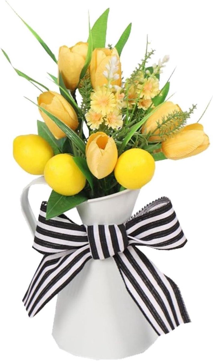 Kunstbloemen Boeket - Nep Citroenen Tulpen - Interieur Decoratie - Met Ijzeren Pot - 35x20