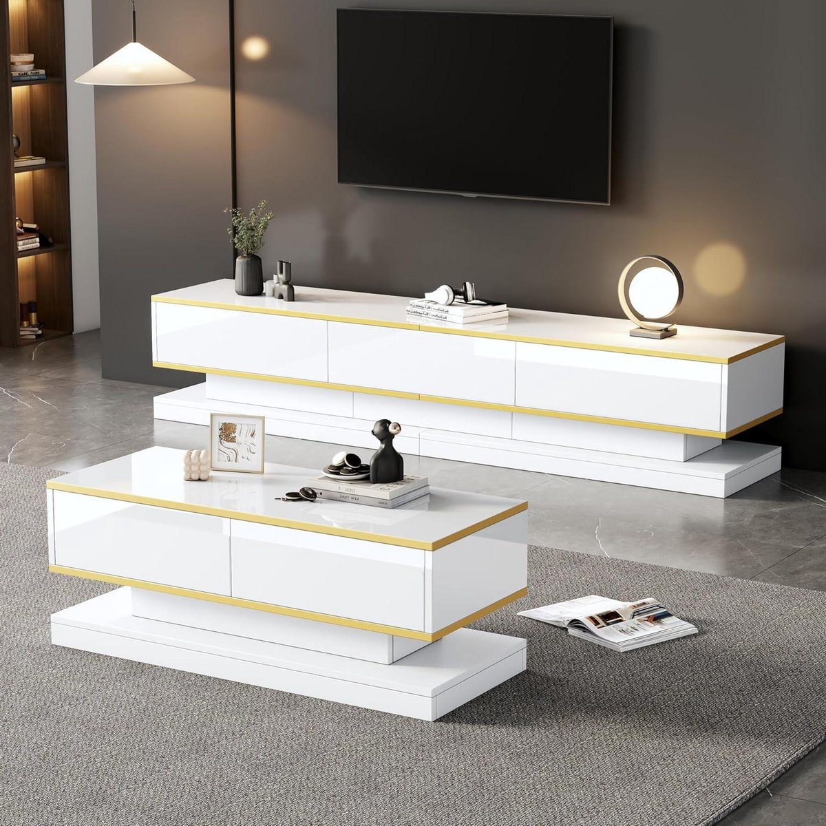 Tv-kast en salontafel - Woonkamerset - Moderne opbergruimte - Gouden afwerking - 200 cm br