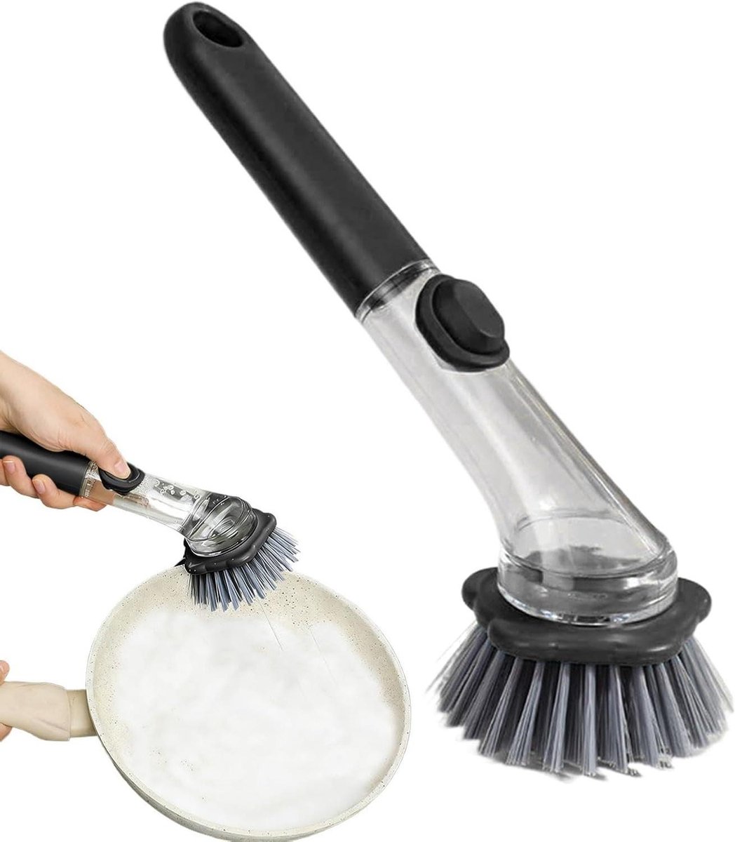 Schotel schrobber - Keukenborstel - Afwas Gemak - Ingebouwde zeepdispenser - 28 cm lang - Zwart